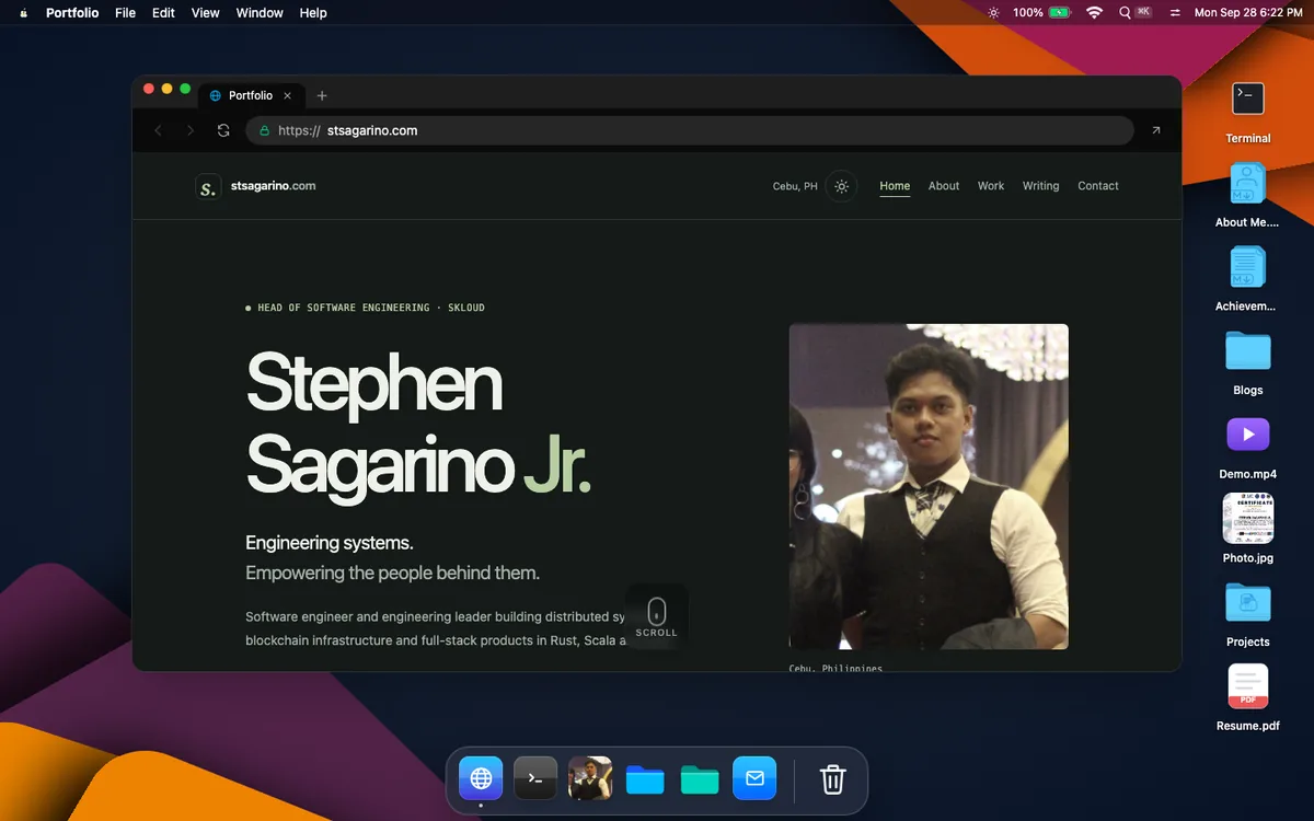 Portfolio styled as a macOS desktop with a browser window, dock, and desktop icons